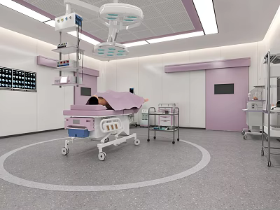 Modern Operating Room Interior With Surgical Table Lights And Medical Equipment 3d model