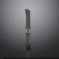 Decorative Ancient Sword with Metallic Texture and Orange Accents on Gray Background