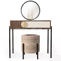 Modern Wooden Dressing Table With Round Mirror And Beige Upholstered Stool