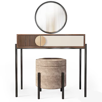 Modern Wooden Dressing Table With Round Mirror And Beige Upholstered Stool 3d model