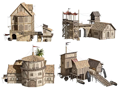 Traditional Style Multi Story Residential Building With Wooden Structure And Tower Design 3d model