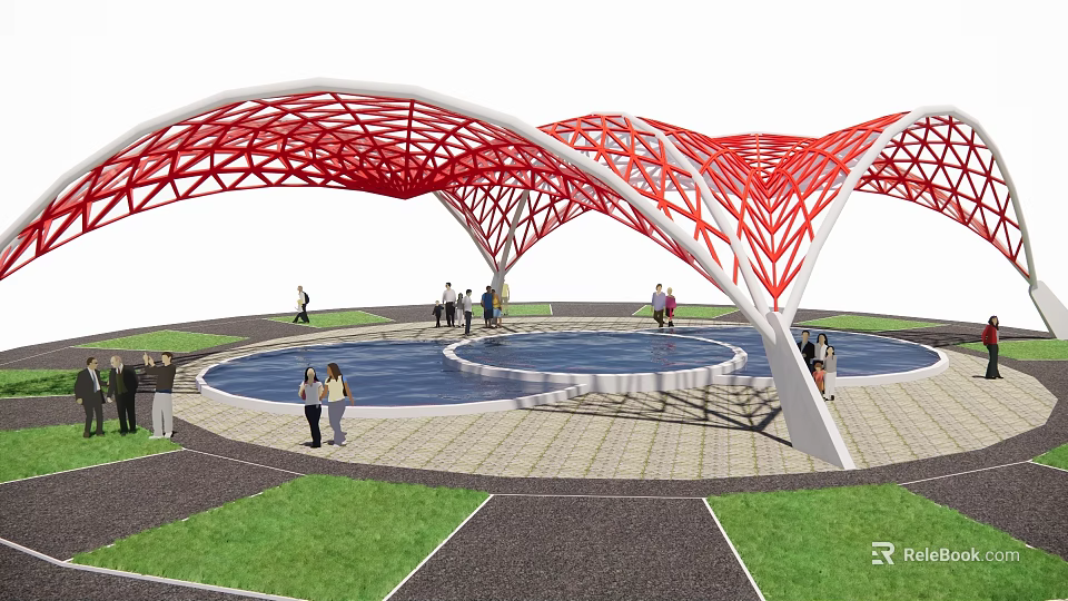 Red Lattice Structure With Circular Pool And People Gathering In Public Area 3d model 
