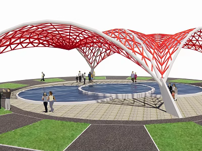 Red Lattice Structure With Circular Pool And People Gathering In Public Area 3d model