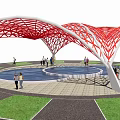 Red Lattice Structure With Circular Pool And People Gathering In Public Area