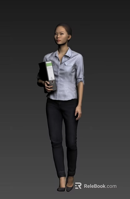 Woman in light blue shirt with rolled-up sleeves holding gray folder with green label 3d model 