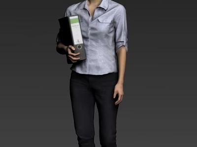 Woman in light blue shirt with rolled-up sleeves holding gray folder with green label 3d model