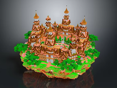 Cartoon Style Floating Island Castle with Spiral Towers Green Trees and Grass 3d model