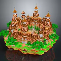 Cartoon Style Floating Island Castle with Spiral Towers Green Trees and Grass