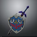 Decorative Weapon Collection Featuring Blue Shield With Red Eagle Emblem And Purple Hilt Sword
