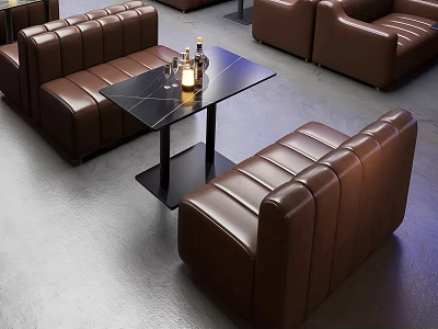Brown Leather Two Seater Sofa With Black Glass Top Side Table And Wine Bottles Candle 3d model