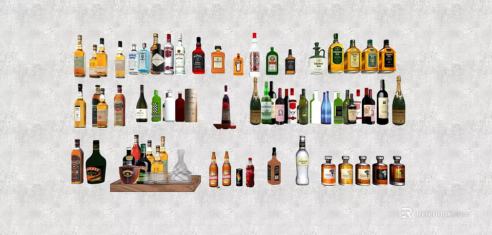 Various Types Of Wine Bottles And Glasses Arranged On Gray Surface 3d model 