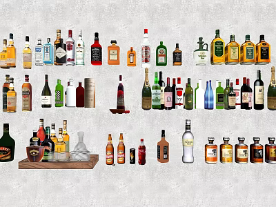 Various Types Of Wine Bottles And Glasses Arranged On Gray Surface 3d model