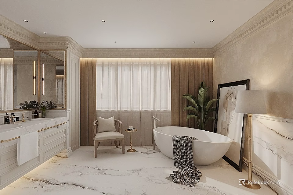 Elegant Bathroom Interior Design With Marble Floor Freestanding Bathtub Beige Curtains Mirror Plant And Chair 3d model 