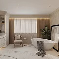 Elegant Bathroom Interior Design With Marble Floor Freestanding Bathtub Beige Curtains Mirror Plant And Chair