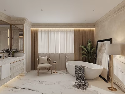 Elegant Bathroom Interior Design With Marble Floor Freestanding Bathtub Beige Curtains Mirror Plant And Chair 3d model