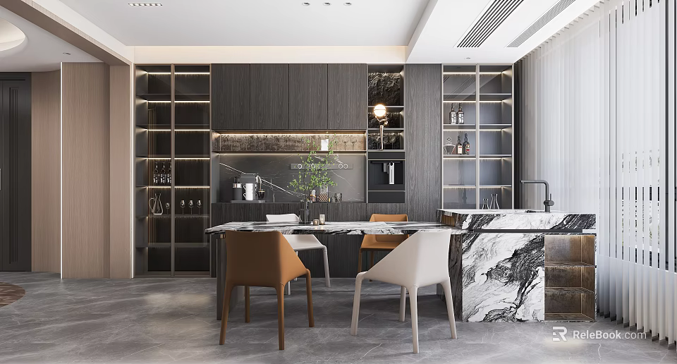 Modern Restaurant Interior With Dark Cabinets Marble Counter And Stylish Dining Chairs 3d model
