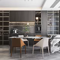 Modern Restaurant Interior With Dark Cabinets Marble Counter And Stylish Dining Chairs 3d model