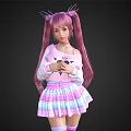 Woman with long pink hair and pigtails in pink top and colorful plaid skirt