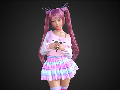 Woman with long pink hair and pigtails in pink top and colorful plaid skirt 3d model