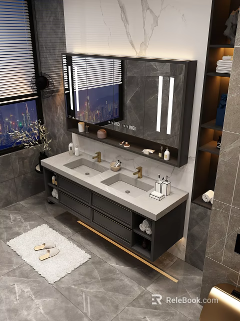 Modern Bathroom Vanity With Double Sinks Gray Countertop Black Cabinets And Mirror Lights 3d model 