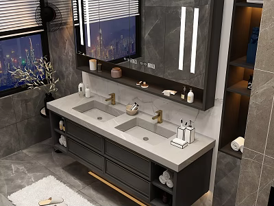 Modern Bathroom Vanity With Double Sinks Gray Countertop Black Cabinets And Mirror Lights 3d model