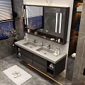 Modern Bathroom Vanity With Double Sinks Gray Countertop Black Cabinets And Mirror Lights
