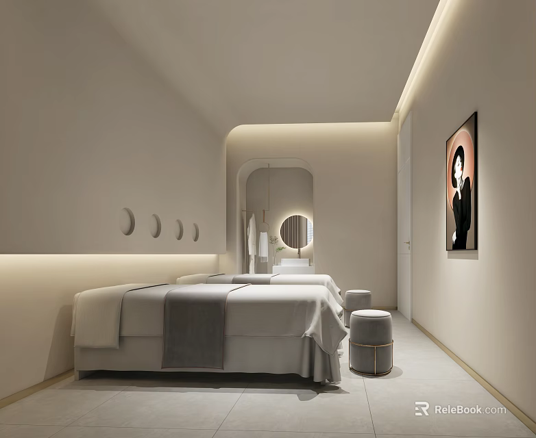 Modern SPA Sauna Interior With Massage Bed And Art Decor 3d model 