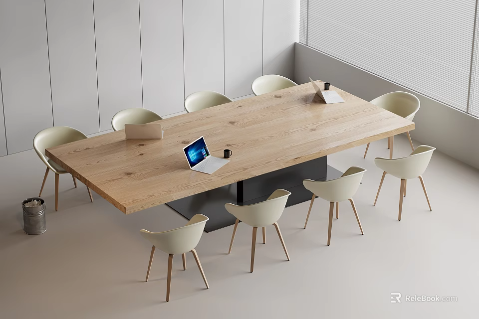 Wooden Conference Table with White Chairs and Laptop in Modern Meeting Room 3d model 