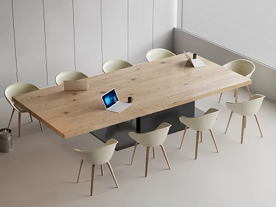 Wooden Conference Table with White Chairs and Laptop in Modern Meeting Room 3d model
