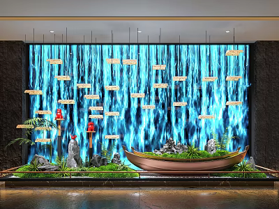 Elegant Indoor Landscape With Blue Water Curtain Wall Boat Ornament Greenery And Rock Features 3d model