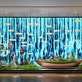 Elegant Indoor Landscape With Blue Water Curtain Wall Boat Ornament Greenery And Rock Features