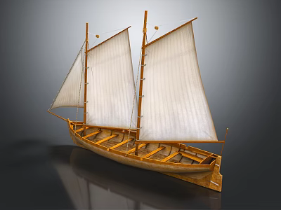 Traditional Wooden Sailboat with White Sails and Multiple Masts Classic Water Transportation Vessel 3d model