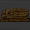 Brown Burlap Sandbags Stacked And Piled For Flood Control Applications