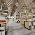 Supermarket Department Store Modern Interior With Wooden Shelves Displayed Products And Green Plants