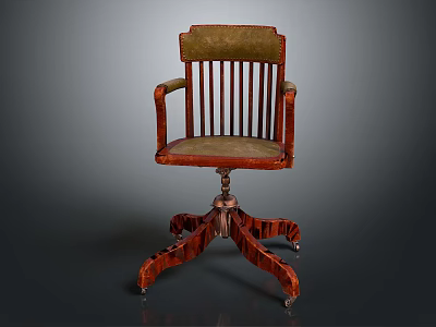 Vintage Office Chair with Armrests Vertical Slat Backrest Green Upholstery and Wooden Star Base Wheels 3d model