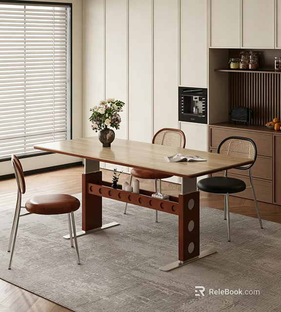 Modern Kitchen Dining Table And Chair Set With Wooden Top Wine Rack Flowers Book 3d model 