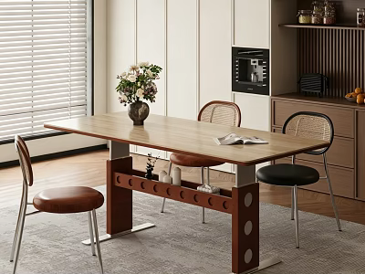 Modern Kitchen Dining Table And Chair Set With Wooden Top Wine Rack Flowers Book 3d model