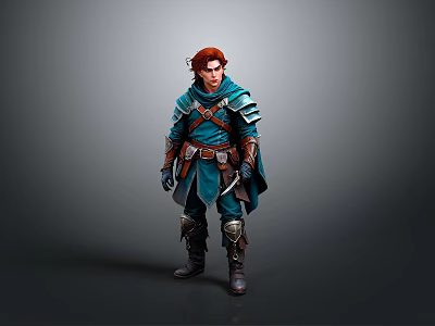 Man With Red Hair Wearing Blue Armor Cloak Belt And Boots In Studio 3d model