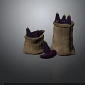 Purple Eggplants In Burlap Bags With Some Scattered Around On Dark Background