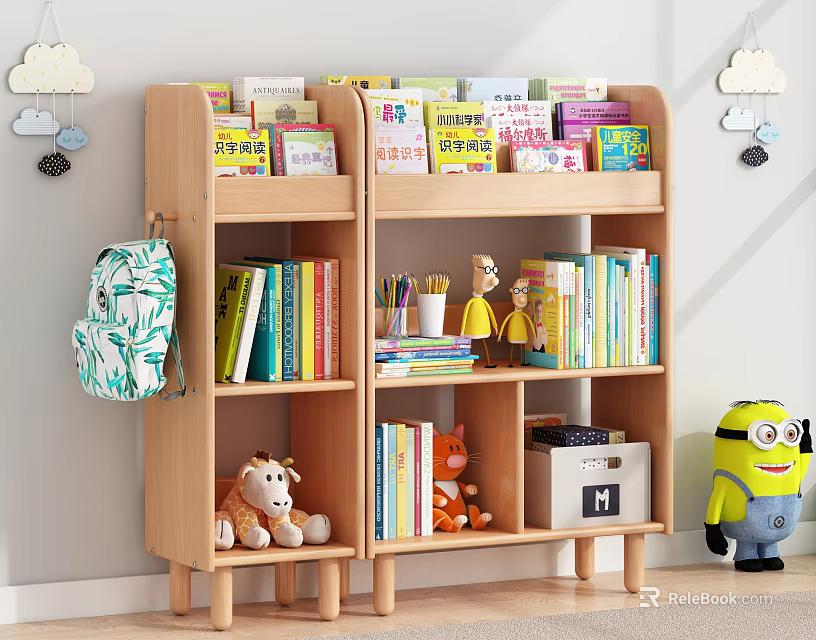 Children's Wooden Bookshelf with Books Toys Minion Doll and Backpack in Kids Room 3d model 