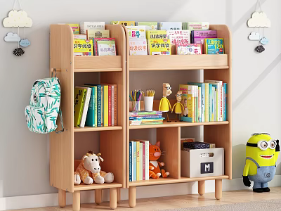 Children's Wooden Bookshelf with Books Toys Minion Doll and Backpack in Kids Room 3d model