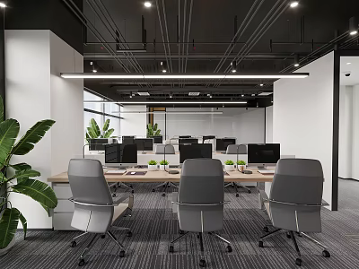 Modern Public Office Space With Ergonomic Chairs Computers And Green Plants In Open Bright Layout 3d model