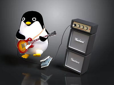 Adorable Penguin Playing Red Electric Guitar With Cable Next to Marshall Amplifier 3d model