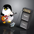 Adorable Penguin Playing Red Electric Guitar With Cable Next to Marshall Amplifier