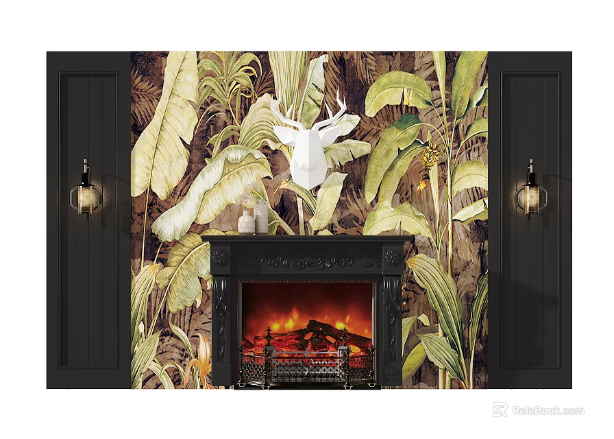 Fireplace With Tropical Leaf Wallpaper White Deer Head And Black Wall Sconces 3d model
