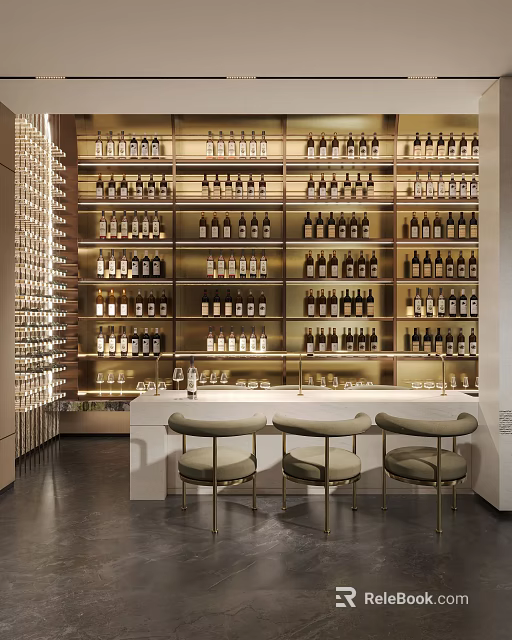 Modern Bar Interior With Liquor Shelves Bar Counter And Stools 3d model 
