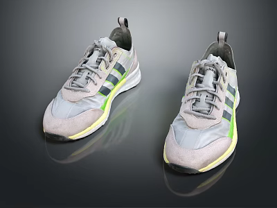 Gray Sporty Sneakers With Green Yellow Stripes And Gray Laces For Casual Style 3d model