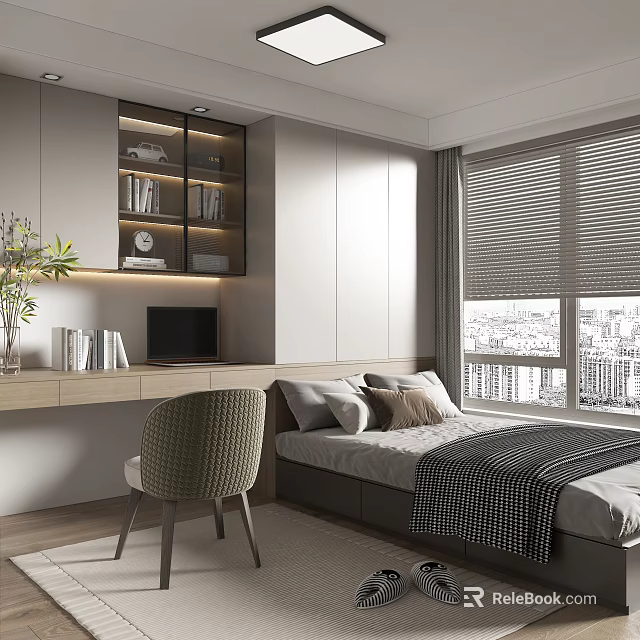 Modern Tatami Bedroom Interior With Desk Computer Bookshelf Flower Vase And Window Roller Blinds 3d model 