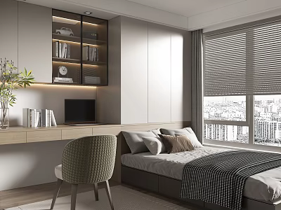 Modern Tatami Bedroom Interior With Desk Computer Bookshelf Flower Vase And Window Roller Blinds 3d model