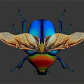 Colorful Iridescent Beetle with Shiny Metallic Exoskeleton and Transparent Wings on Dark Reflective Background